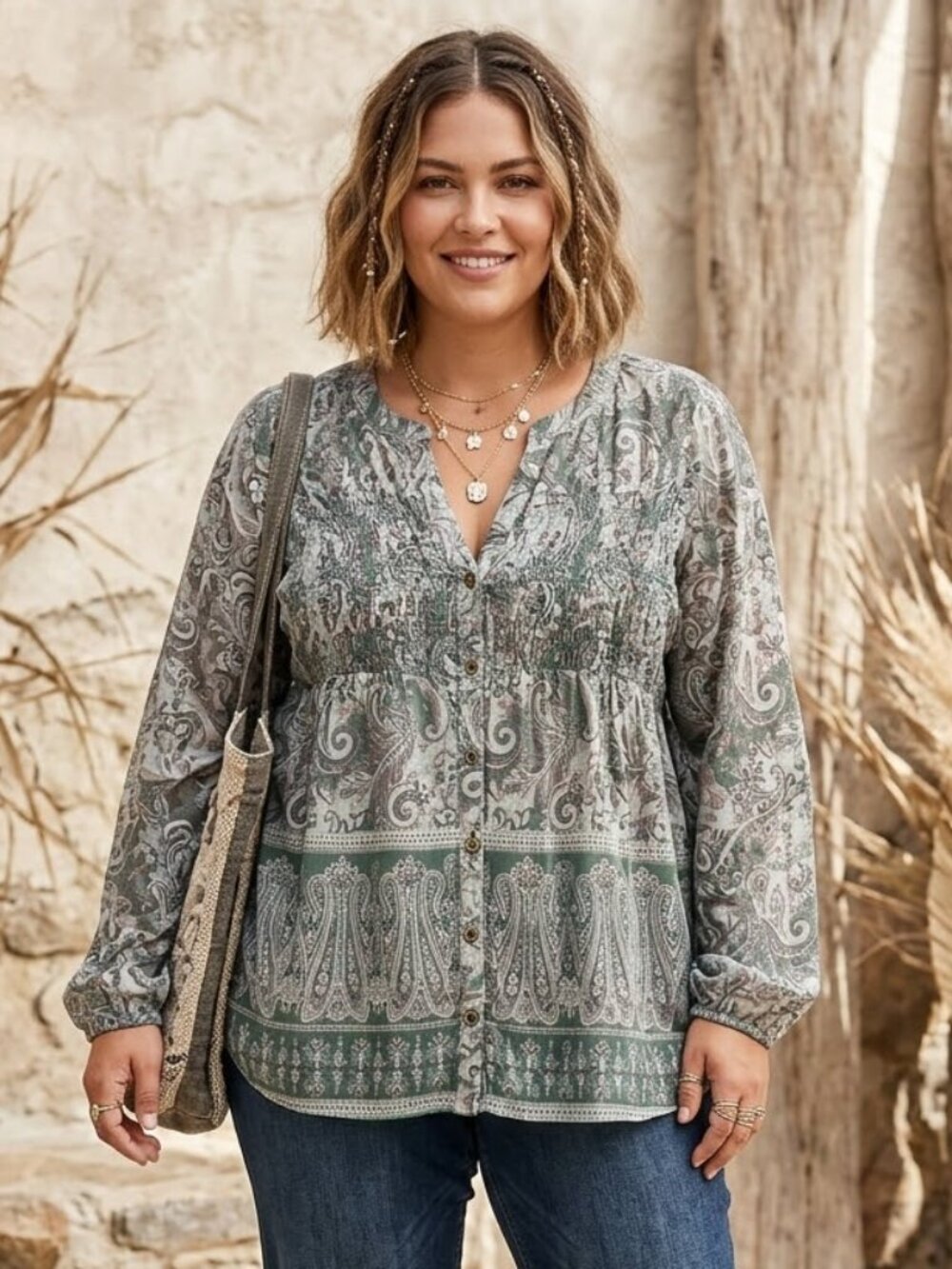 Knox Rose Women's Size XXL Seafoam Green Paisley Floral Boho Button Up Blouse